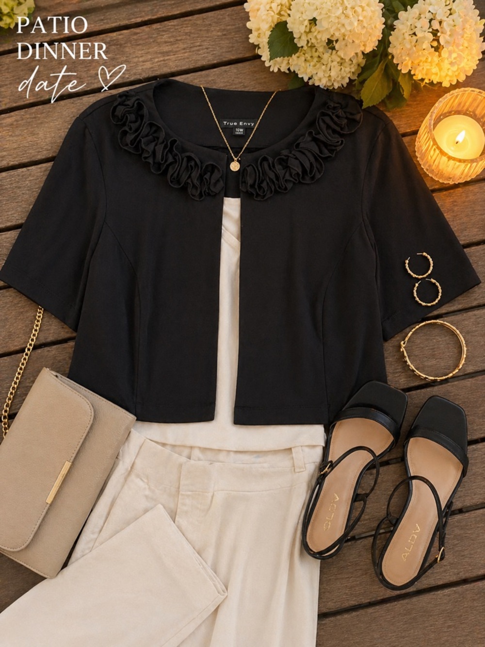 True Envy Black Ruffle Neck Open Front Top 16W Career Stretch - Picture 7 of 7